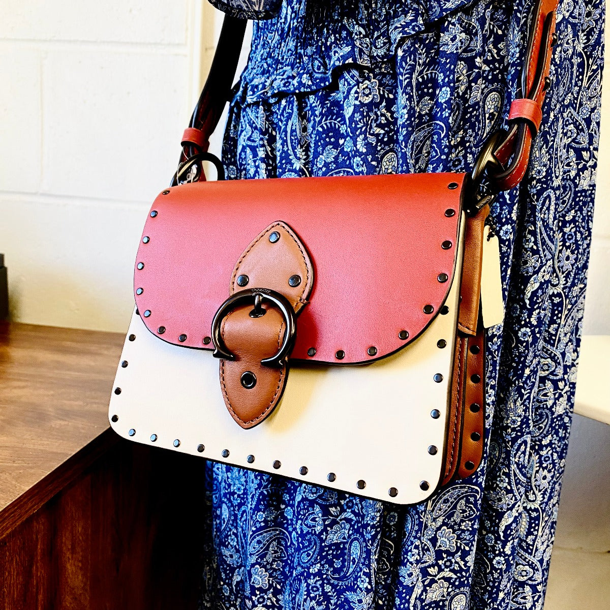 Coach C2661 Beat Shoulder Bag 18 In Colorblock With Rivets In Red Sand Ivory Multi Coach C2661 Beat Shoulder Bag 18 In Colorblock With Rivets In Red Sand Ivory Multi